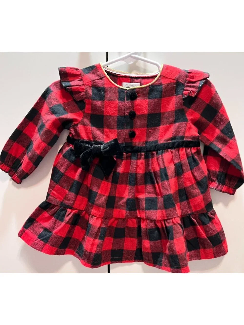 Mud Pie 3m 6m red buffalo check plaid flannel dress NWT Christmas holiday velvet
